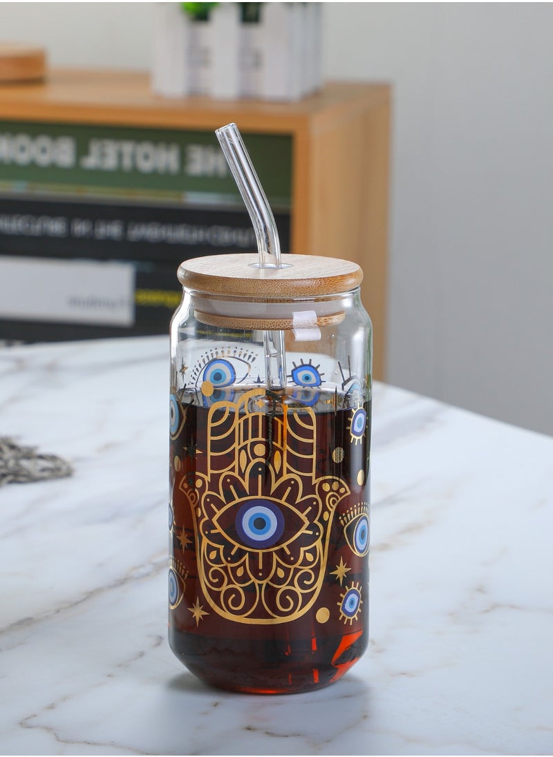 1Chase - Borosilicate Evil Eye Printed Drinking Glasses With Bamboo Lid and Glass Straw, 550ML (Set of 2) - Image 1