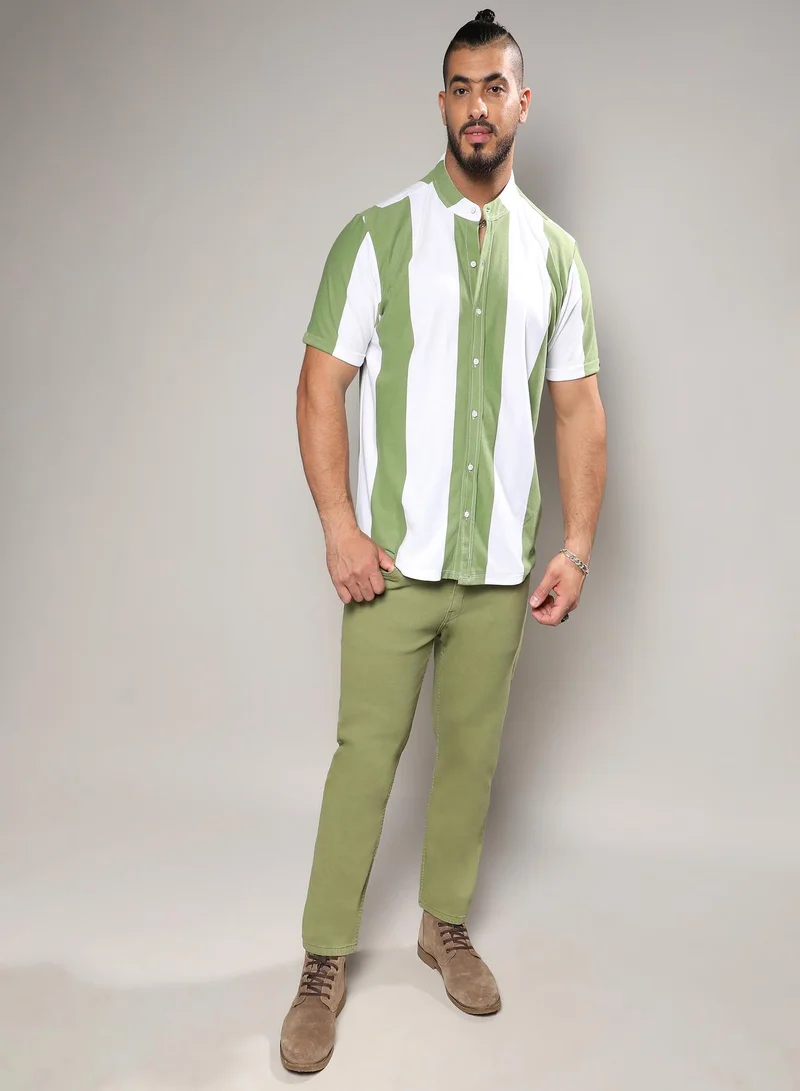 انستافاب بلس Instafab Plus Men's Chalk White & Olive Green Bengal Striped Shirt For Casual Wear | Mandarin Collar | Short Sleeve | Button Closure | Shirt Crafted With Comfort With For Everyday Wear