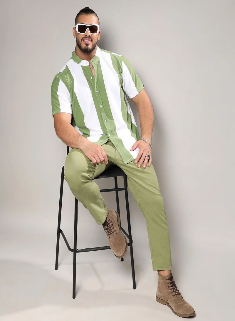 انستافاب بلس Instafab Plus Men's Chalk White & Olive Green Bengal Striped Shirt For Casual Wear | Mandarin Collar | Short Sleeve | Button Closure | Shirt Crafted With Comfort With For Everyday Wear