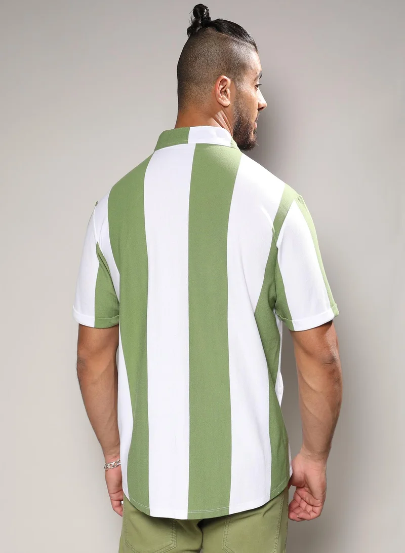 انستافاب بلس Instafab Plus Men's Chalk White & Olive Green Bengal Striped Shirt For Casual Wear | Mandarin Collar | Short Sleeve | Button Closure | Shirt Crafted With Comfort With For Everyday Wear