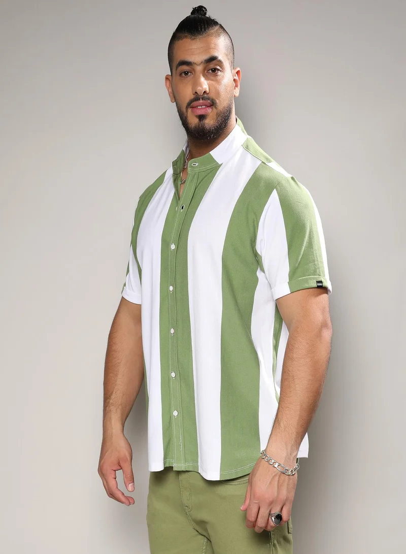 انستافاب بلس Instafab Plus Men's Chalk White & Olive Green Bengal Striped Shirt For Casual Wear | Mandarin Collar | Short Sleeve | Button Closure | Shirt Crafted With Comfort With For Everyday Wear