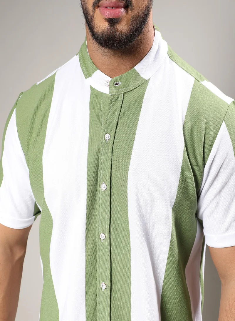 انستافاب بلس Instafab Plus Men's Chalk White & Olive Green Bengal Striped Shirt For Casual Wear | Mandarin Collar | Short Sleeve | Button Closure | Shirt Crafted With Comfort With For Everyday Wear