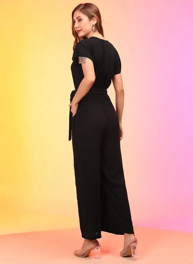 globus Globus Women Black V-Neck Waist Tie-Ups Jumpsuit by Styli