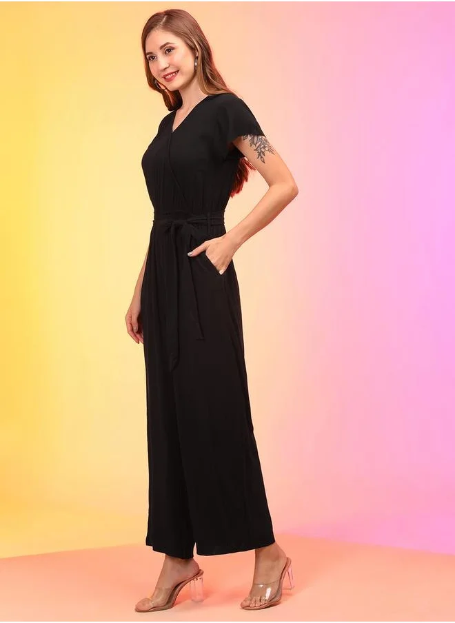 جلو باص Globus Women Black V-Neck Waist Tie-Ups Jumpsuit by Styli