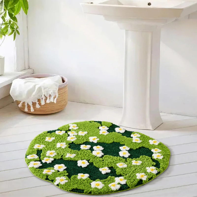 Ouyattle Cute Green Bath Mat Floral Grass Spring Daisy Flower Bathroom Rugs Non Slip Machine Washable Super Absorbent, Irregular Shaped 2ft Luxury Grass Microfiber Bath Rug Bathroom Shower Floor Mat - Image 1