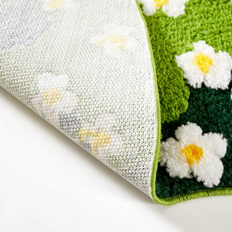 Ouyattle Cute Green Bath Mat Floral Grass Spring Daisy Flower Bathroom Rugs Non Slip Machine Washable Super Absorbent, Irregular Shaped 2ft Luxury Grass Microfiber Bath Rug Bathroom Shower Floor Mat - Image 5