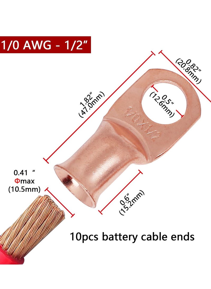 Y&D SYOSI 1/0 AWG-1/2" Battery Lugs, 10Pcs Copper Wire Heavy Duty Cable Ends, Tubular Ring Terminals, AWG Crimp Terminal Connectors  - Image 4