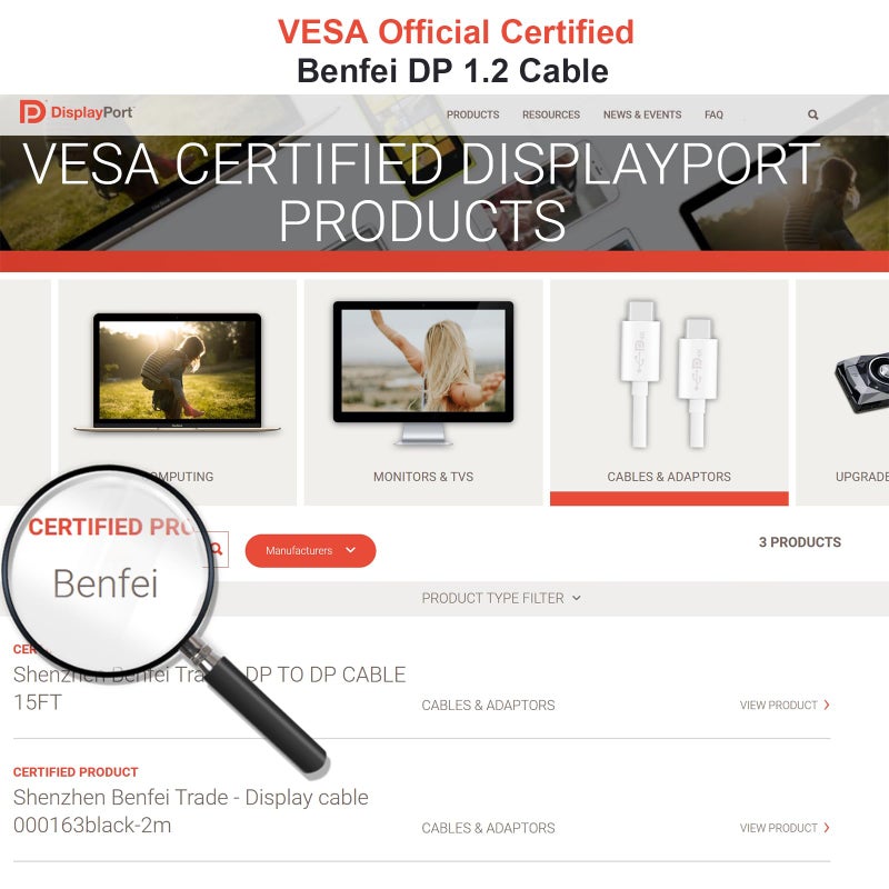 BENFEI [VESA Certified] DisplayPort to DisplayPort 1.8 Meter Cable, DP to DP Male to Male Cable, Supports 4K@60Hz, 2K@165Hz Compatible for Lenovo, Dell, HP, ASUS and More - Image 2