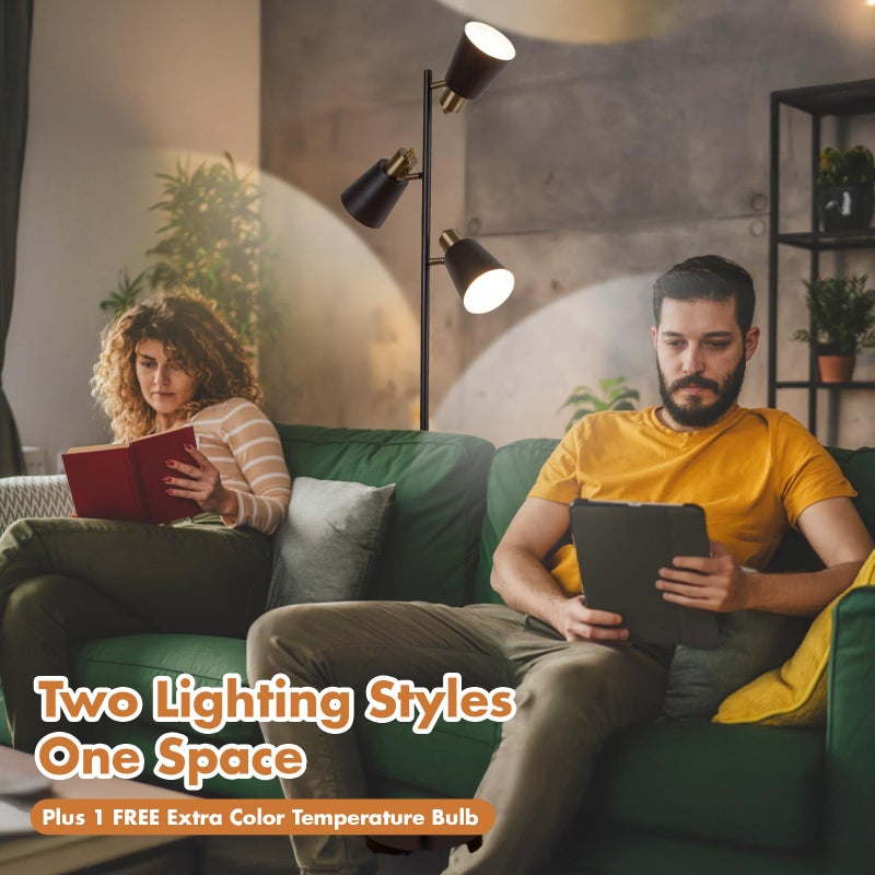 LALISU مصباح أرضي شجري لغرفة المعيشة، مصباح قائم صناعي 3-ضوء مع 3 لمبات LED، رؤوس دوارة قابلة للتعديل، مصباح عمود قائم ريفي للقراءة لغرفة النوم والمكتب (أسود ذهبي) - Image 4