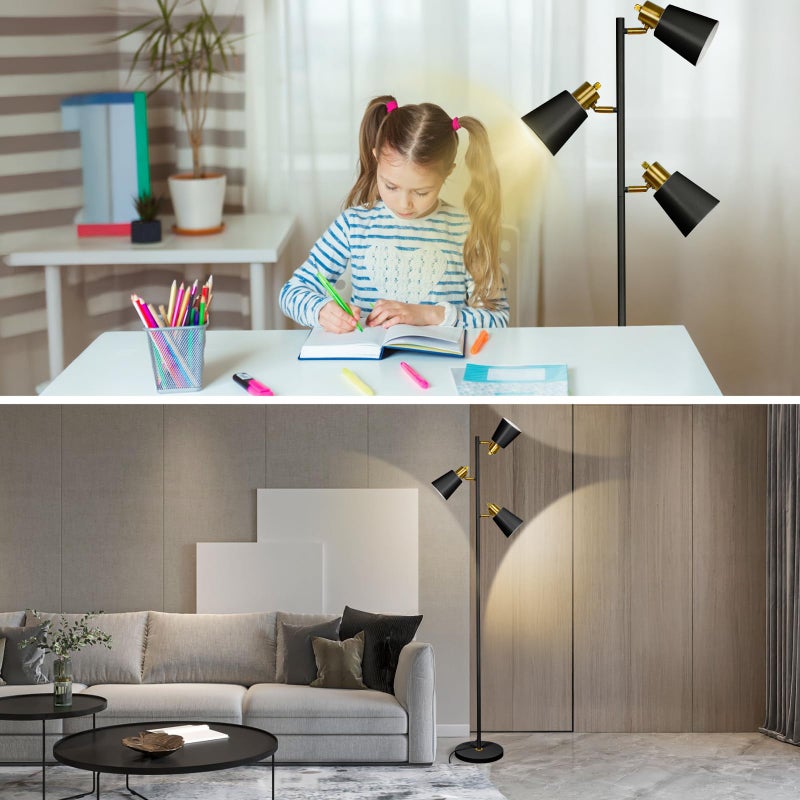 LALISU مصباح أرضي شجري لغرفة المعيشة، مصباح قائم صناعي 3-ضوء مع 3 لمبات LED، رؤوس دوارة قابلة للتعديل، مصباح عمود قائم ريفي للقراءة لغرفة النوم والمكتب (أسود ذهبي) - Image 5