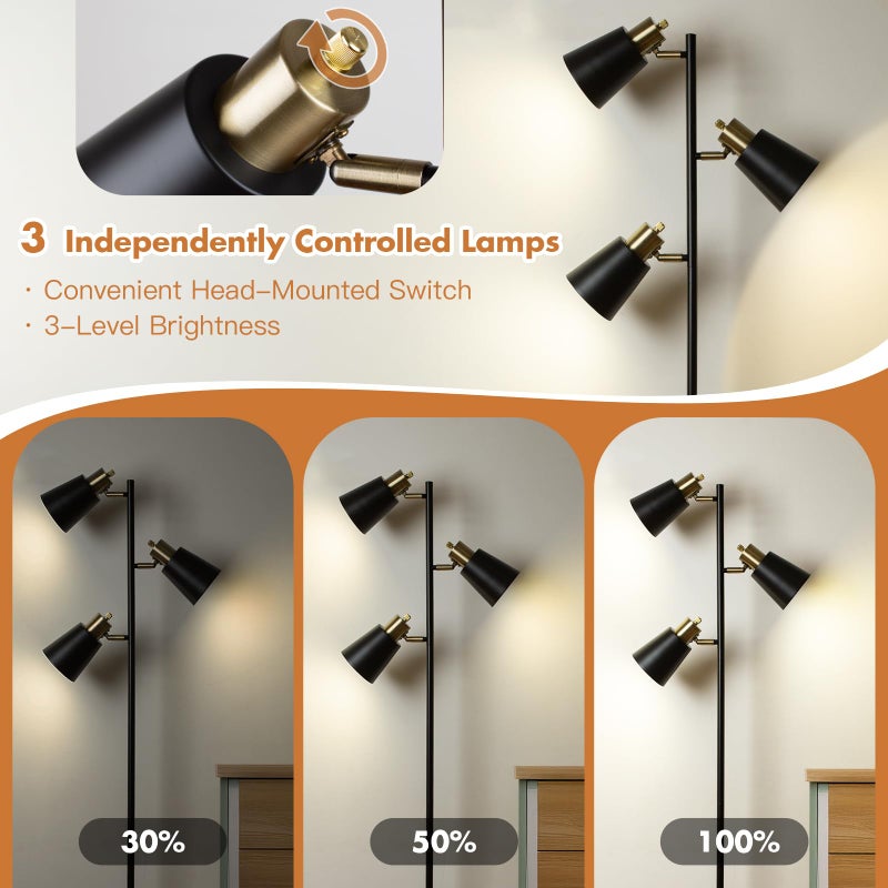 LALISU مصباح أرضي شجري لغرفة المعيشة، مصباح قائم صناعي 3-ضوء مع 3 لمبات LED، رؤوس دوارة قابلة للتعديل، مصباح عمود قائم ريفي للقراءة لغرفة النوم والمكتب (أسود ذهبي) - Image 3