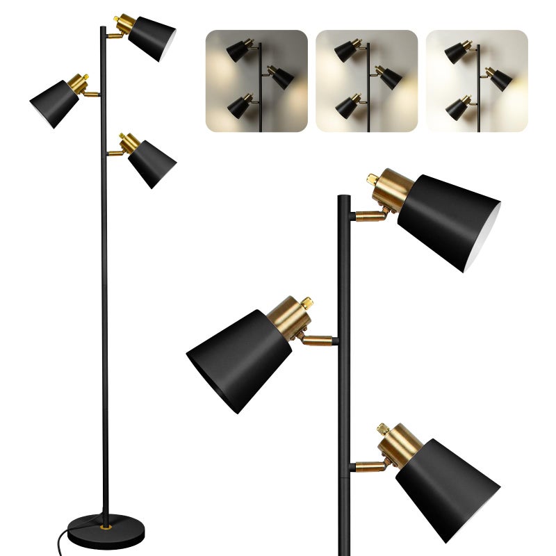 LALISU مصباح أرضي شجري لغرفة المعيشة، مصباح قائم صناعي 3-ضوء مع 3 لمبات LED، رؤوس دوارة قابلة للتعديل، مصباح عمود قائم ريفي للقراءة لغرفة النوم والمكتب (أسود ذهبي) - Image 1