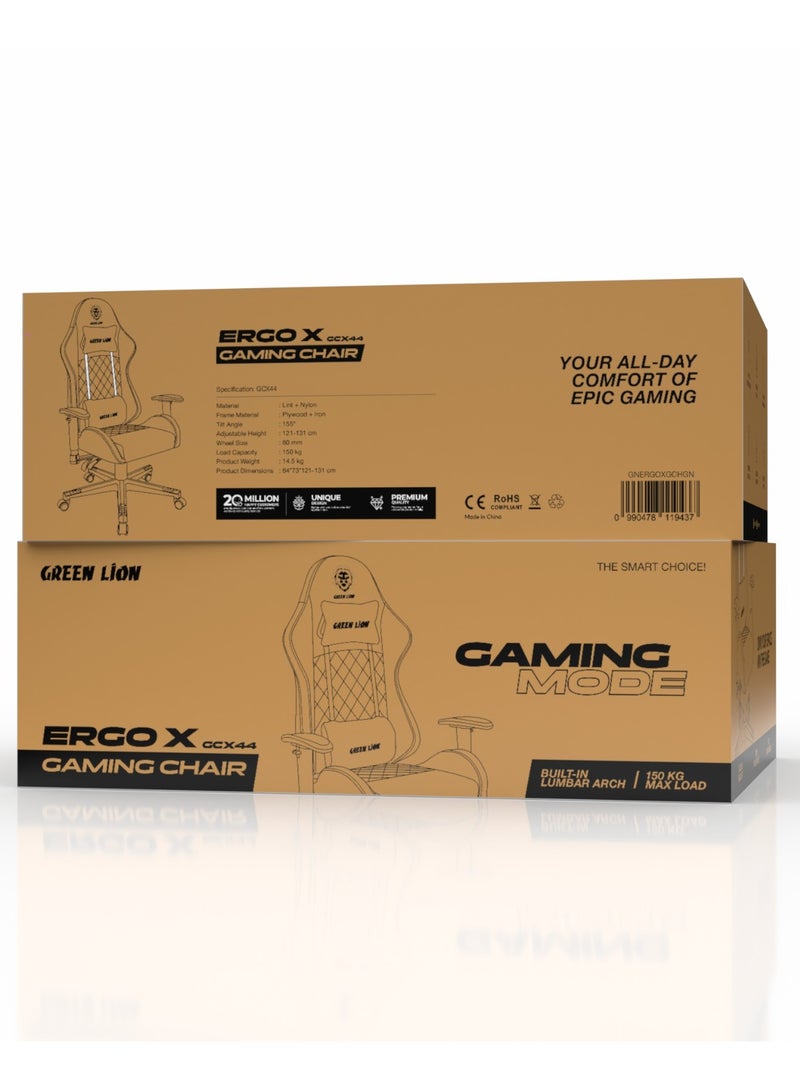 جرين ليون كرسي ألعاب ERGO X GCX44 / مساند ذراع ثنائية الأبعاد قابلة للتعديل / وسادة رقبة قابلة للإزالة / قوس أسفل الظهر مدمج / مسند ظهر قابل للإمالة بزاوية 155 درجة / عجلات تدور بزاوية 360 درجة / حجم العجلة: 60 مم / رفع غازي من الفئة 3 / آلية إمالة - أخضر  - Image 4