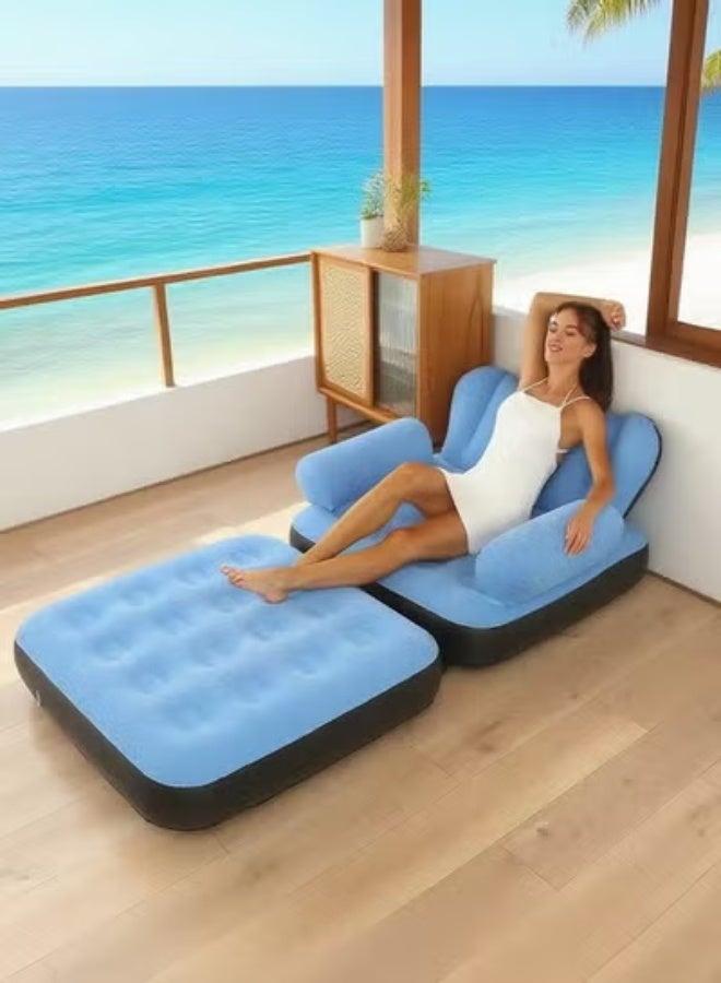 أريكة قابلة للنفخ محمولة كبيرة جدًا قابلة للطي 5 في 1، أريكة قابلة للنفخ، سرير قابل للنفخ، سرير هوائي، كرسي استرخاء قابل للنفخ قابل للطي، أريكة متعددة الوظائف مع مسند ذراع على شكل حرف L للأماكن الداخلية والخارجية مع مضخة هواء باللون الأزرق - Image 2