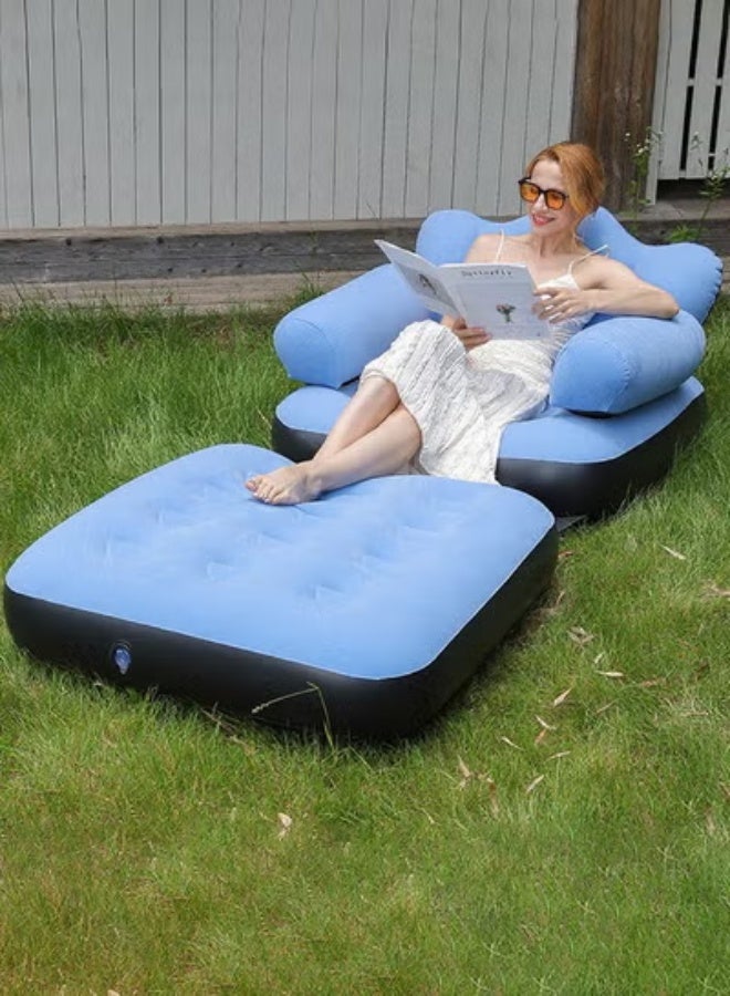 أريكة قابلة للنفخ محمولة كبيرة جدًا قابلة للطي 5 في 1، أريكة قابلة للنفخ، سرير قابل للنفخ، سرير هوائي، كرسي استرخاء قابل للنفخ قابل للطي، أريكة متعددة الوظائف مع مسند ذراع على شكل حرف L للأماكن الداخلية والخارجية مع مضخة هواء باللون الأزرق - Image 3
