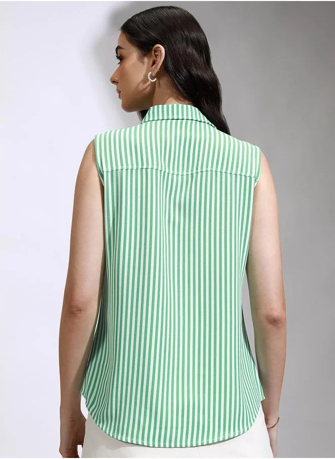 Tokyo Talkies Tokyo Talkies Striped Sleeveless Crop Shirt with Tie-Up Detail