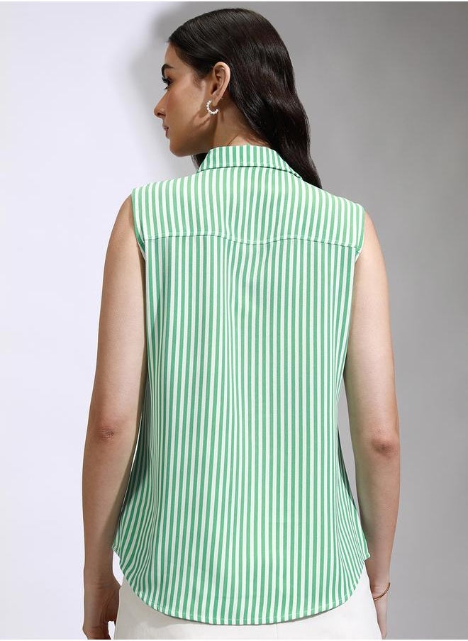Tokyo Talkies Striped Sleeveless Crop Shirt with Tie-Up Detail - Image 3