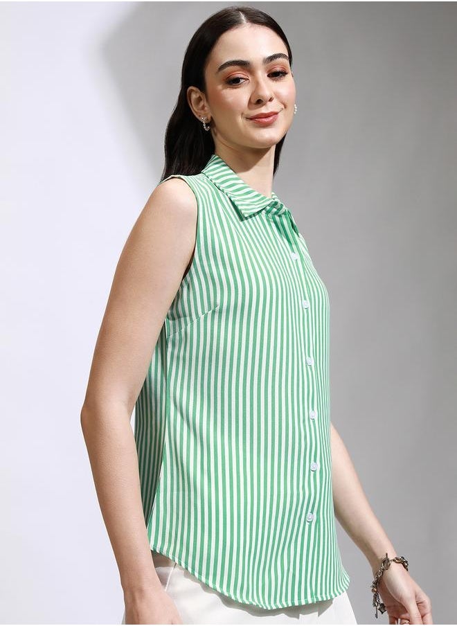 Tokyo Talkies Striped Sleeveless Crop Shirt with Tie-Up Detail - Image 5