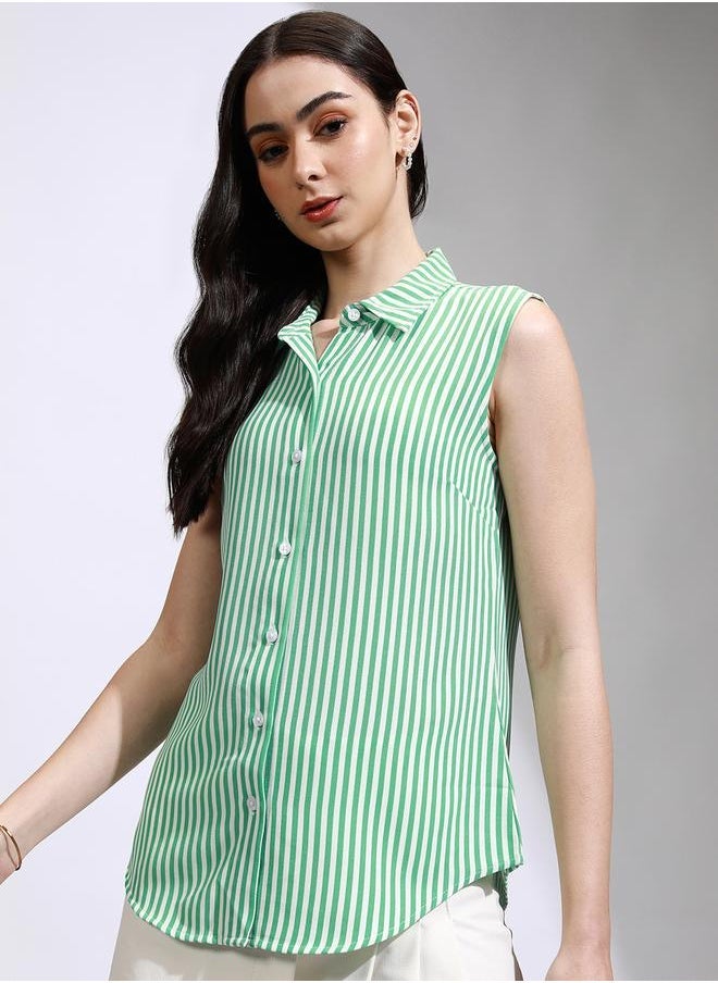 Tokyo Talkies Striped Sleeveless Crop Shirt with Tie-Up Detail - Image 4