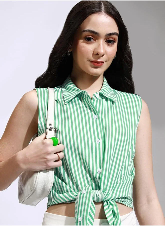 Tokyo Talkies Striped Sleeveless Crop Shirt with Tie-Up Detail by Styli