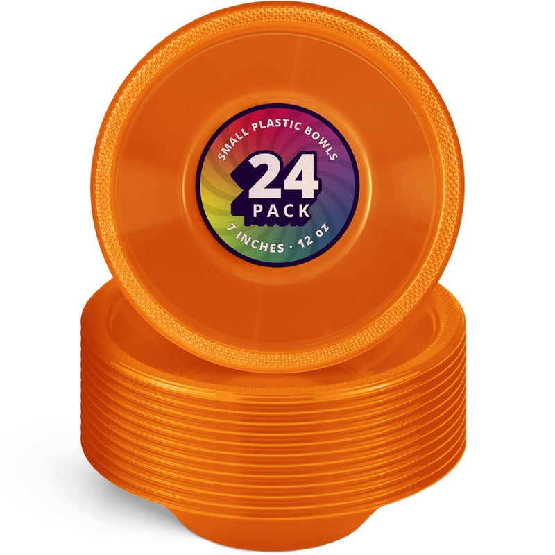 DecorRack 24 Small Plastic Bowls  7 inch Disposable Popcorn  Soup  and Salad Bowls  Kids Birthday and Holiday Party Supplies  Fruit Snack Serving Bowl 12 oz  Orange (Pack of 24) - Image 1