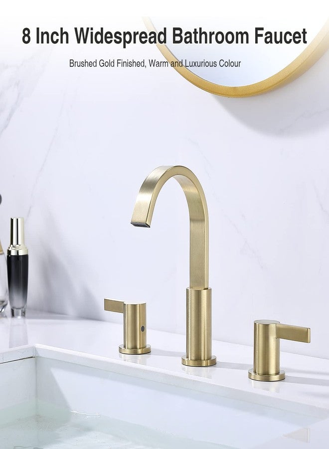 TRUSTMI 8 Inch Widespread Brushed Gold Bathroom Faucet 3 Hole 2 Handle Brass Vanity Sink Faucet with 360 Degree Swivel Spout, Overflow Drain and cUPC Waterlines - Image 2