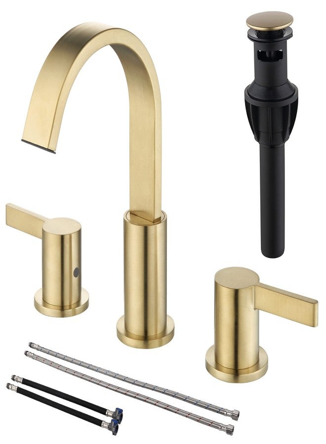 TRUSTMI 8 Inch Widespread Brushed Gold Bathroom Faucet 3 Hole 2 Handle Brass Vanity Sink Faucet with 360 Degree Swivel Spout, Overflow Drain and cUPC Waterlines - Image 1