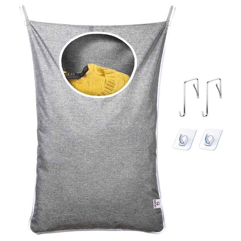 KEEPJOY Hanging Laundry Hamper Bag with Free Adjustable Stainless Steel Door 2 PCs Suction Cup Hooks Best Choice for Holding Dirty Clothes and Saving Space Grey