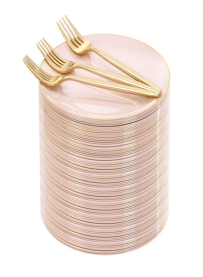 Rubtlamp 200Pcs Plastic Pink Dessert Plates with Disposable Gold Forks,Heavy Duty Pink Disposable Salad Platos,Gold Small Platos,Fancy Appetizer Plates for Mother's Day - Image 1