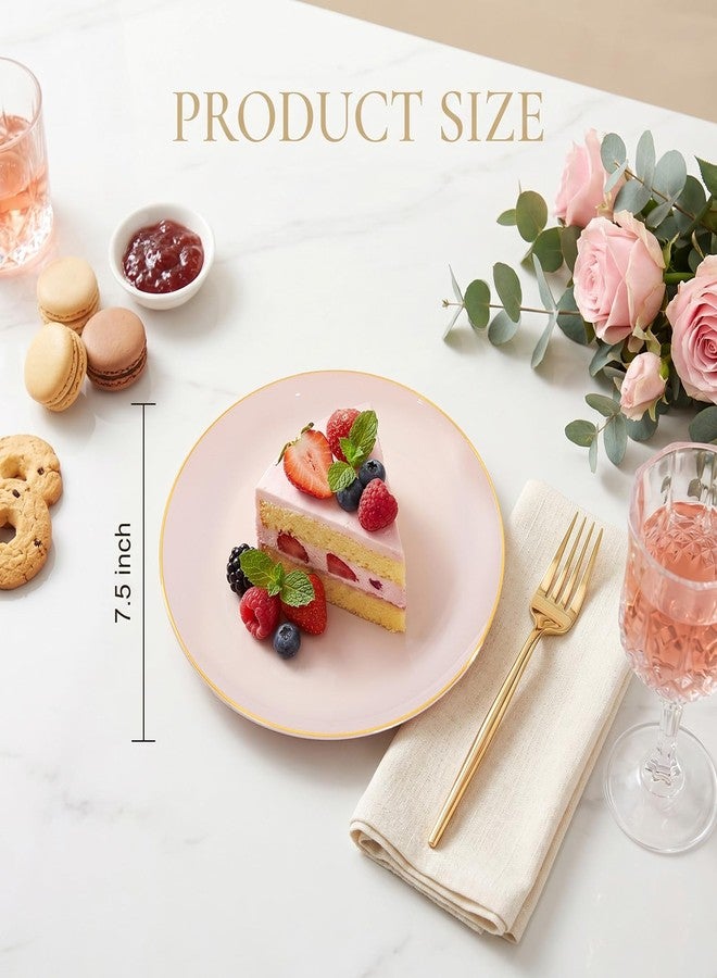 Rubtlamp 200Pcs Plastic Pink Dessert Plates with Disposable Gold Forks,Heavy Duty Pink Disposable Salad Platos,Gold Small Platos,Fancy Appetizer Plates for Mother's Day - Image 4