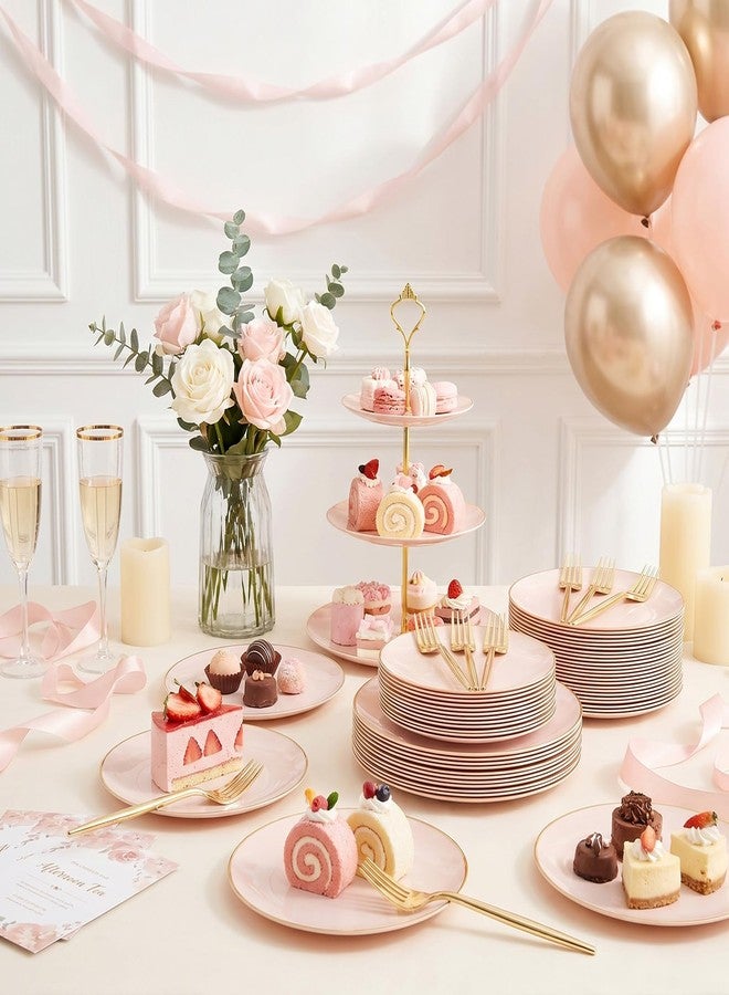 Rubtlamp 200Pcs Plastic Pink Dessert Plates with Disposable Gold Forks,Heavy Duty Pink Disposable Salad Platos,Gold Small Platos,Fancy Appetizer Plates for Mother's Day - Image 5