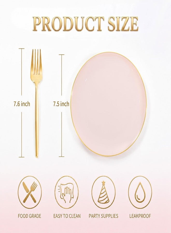 Rubtlamp 200Pcs Plastic Pink Dessert Plates with Disposable Gold Forks,Heavy Duty Pink Disposable Salad Platos,Gold Small Platos,Fancy Appetizer Plates for Mother's Day - Image 2