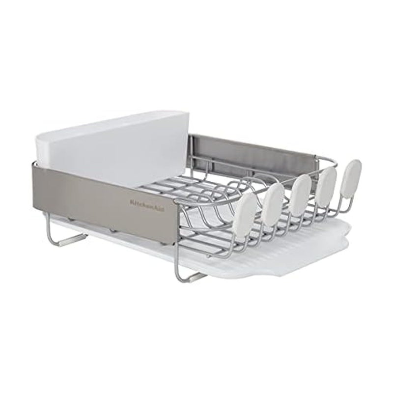 KitchenAid Compact Satin Wire Rust Resistant, Expandable Dish Rack with Angled Self Draining Drainboard with Removable Flatware Caddy, 23.18-Inch, Gray - Image 1