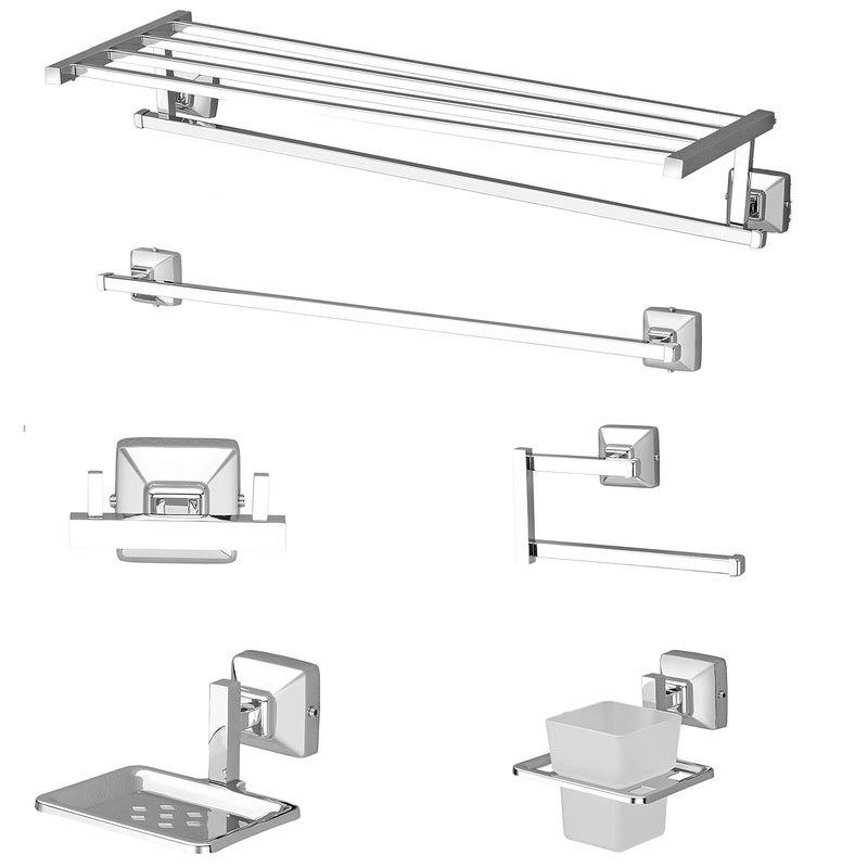 plantex Plantex Stainless Steel 304 Grade Towel Rack with Stainless Steel 304 Grade Squaro Bathroom Accessories Set 5pcs (Towel Rod/Napkin Ring/Tumbler Holder/Soap Dish/Robe Hook)  - Image 1