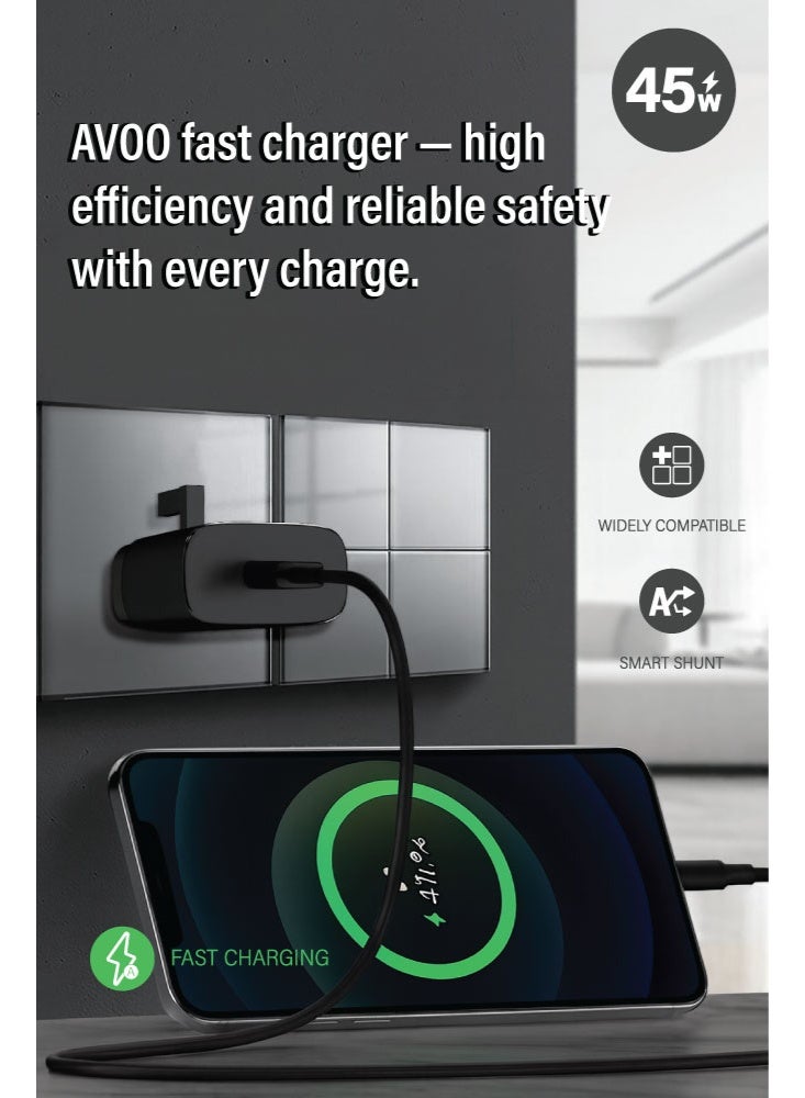 AVOO Fast Charger with Charging Cable 45W — Compatible with S23 Ultra, S23 Plus, S23, S22 Ultra, S22, S21 Ultra, S21, S21, A54, A53, A52, and A32 – 45W Power with Type-C Cable. - Image 4