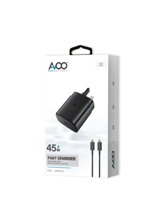 AVOO Fast Charger with Charging Cable 45W — Compatible with S23 Ultra, S23 Plus, S23, S22 Ultra, S22, S21 Ultra, S21, S21, A54, A53, A52, and A32 – 45W Power with Type-C Cable. - Image 3