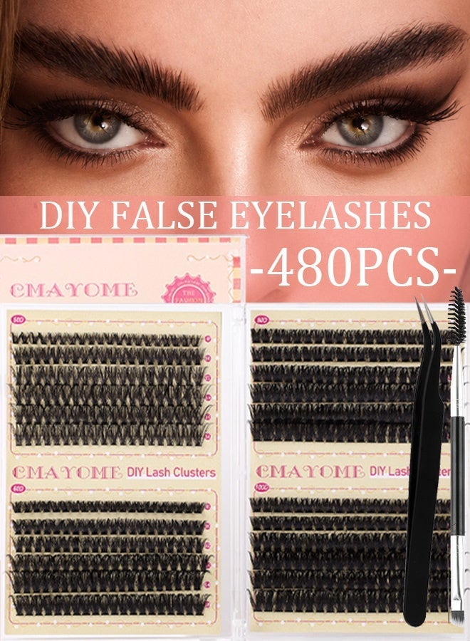 CMAYOME Thick false eyelashes 50D+60D+80D+100D single cluster hair 8-16mm, 480 clusters of large-capacity eyelashes, curled and thick mixed false eyelashes, with tweezers and brush - Image 1