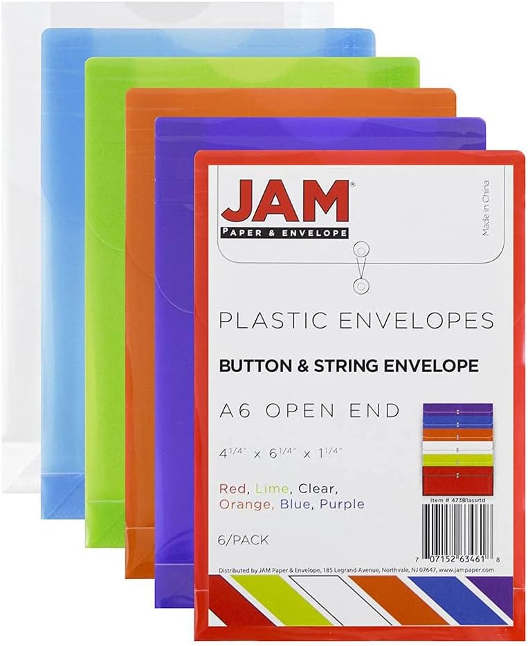 JAM Paper Plastic Envelopes with Button & String Tie Closure - 4 1/4 x 6 1/4 - Assorted Colors - 6/Pack - Image 2