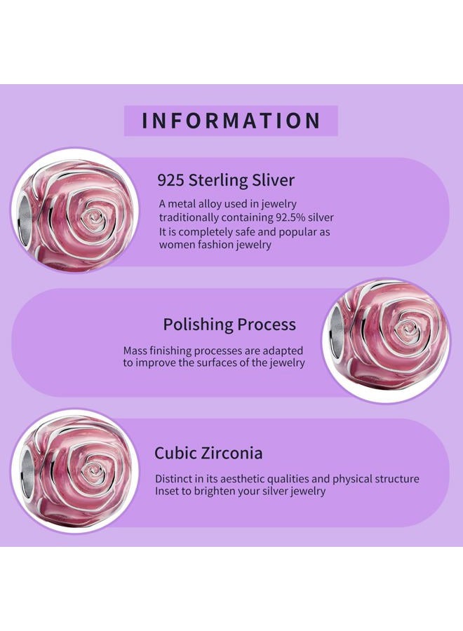 Pink Rose in Bloom Charm for Bracelets Necklaces,925 Sterling Silver Beads with Jewelry Gift for Women Girls Family Friends at Christmas Mother's Day - Image 3