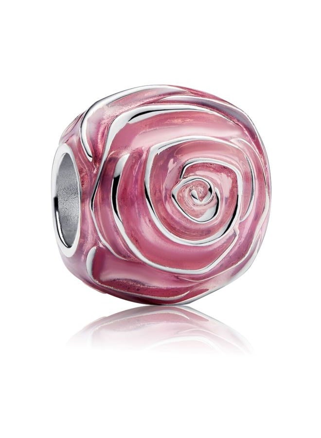Pink Rose in Bloom Charm for Bracelets Necklaces,925 Sterling Silver Beads with Jewelry Gift for Women Girls Family Friends at Christmas Mother's Day - Image 1