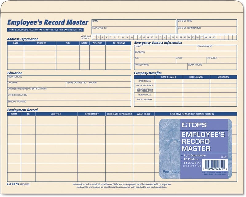 TOPS Employee Record Master File Jacket, 1-1/4 Inch Expandable, 11.75 x 9.5 Inches, Manila, 15-Pack (32801) - Image 2