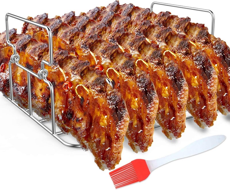 RUSFOL Durable Stainless Steel Rib Rack with a Silicone Oil Brush, BBQ Stand with 2 Handle for Smoker,Oven and Grill, Cook up to 5 Ribs at a time - Image 1