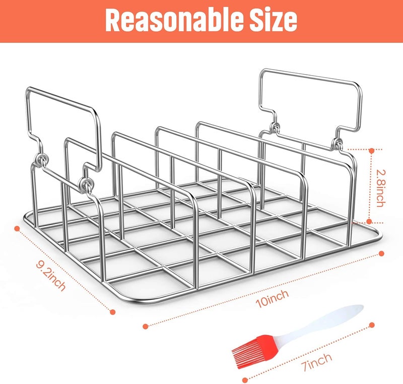 RUSFOL Durable Stainless Steel Rib Rack with a Silicone Oil Brush, BBQ Stand with 2 Handle for Smoker,Oven and Grill, Cook up to 5 Ribs at a time - Image 2