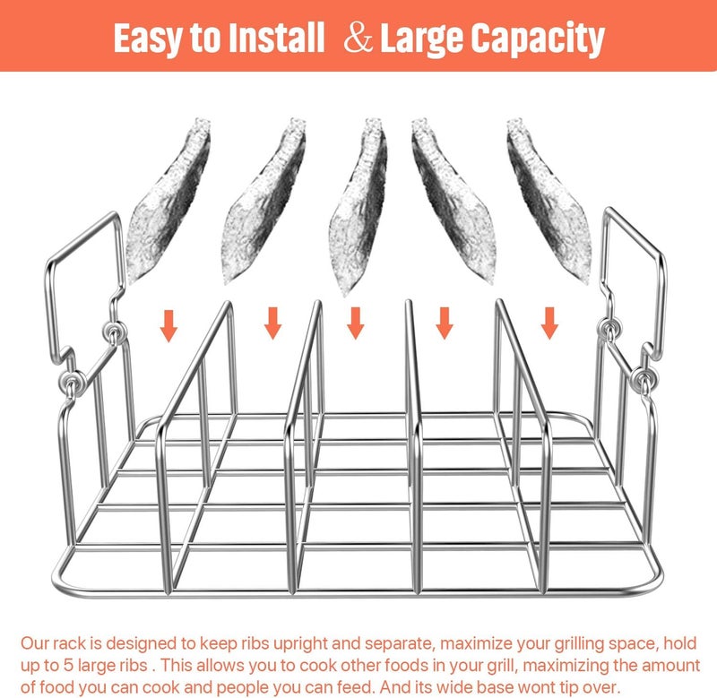 RUSFOL Durable Stainless Steel Rib Rack with a Silicone Oil Brush, BBQ Stand with 2 Handle for Smoker,Oven and Grill, Cook up to 5 Ribs at a time - Image 4