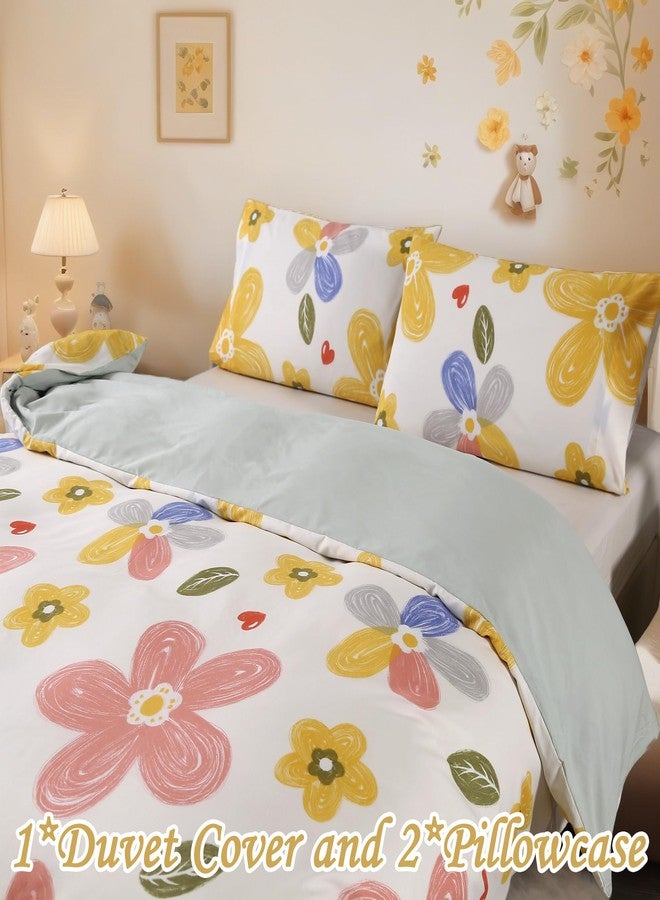 ماج طقم غطاء لحاف مزين بالزهور من MAG مكون من 3 قطع، طقم غطاء لحاف مزين بالزهور للأطفال الصغار والأطفال والفتيات، مصنوع من ألياف دقيقة فائقة النعومة (بدون لحاف) (أصفر، مقاس مفرد) - Image 2