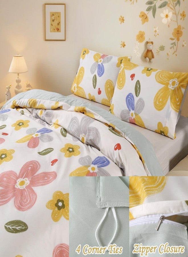 ماج طقم غطاء لحاف مزين بالزهور من MAG مكون من 3 قطع، طقم غطاء لحاف مزين بالزهور للأطفال الصغار والأطفال والفتيات، مصنوع من ألياف دقيقة فائقة النعومة (بدون لحاف) (أصفر، مقاس مفرد) - Image 3