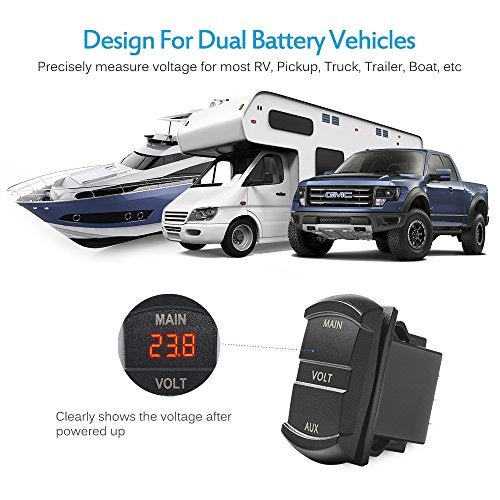 MICTUNING LED Digital Panel Double Voltmeter, Rocker Switch Style Voltage Monitor for Car Pickup Truck Dual Battery Pack (Red) - Image 4