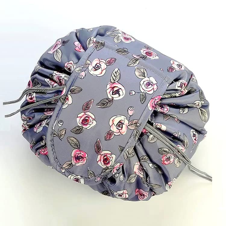 Nirvik Women’s Portable Waterproof Cosmetic Bag | Lazy Travel Makeup Organizer with Drawstring, Multi-Pocket Toiletry Bag, Compact & Versatile Storage for Makeup & Travel (White-Blue Flower) - Image 3