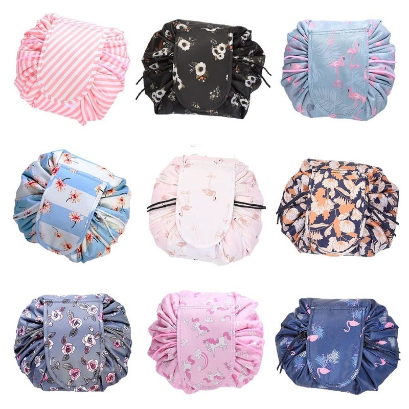 Nirvik Women’s Portable Waterproof Cosmetic Bag | Lazy Travel Makeup Organizer with Drawstring, Multi-Pocket Toiletry Bag, Compact & Versatile Storage for Makeup & Travel (White-Blue Flower) - Image 5