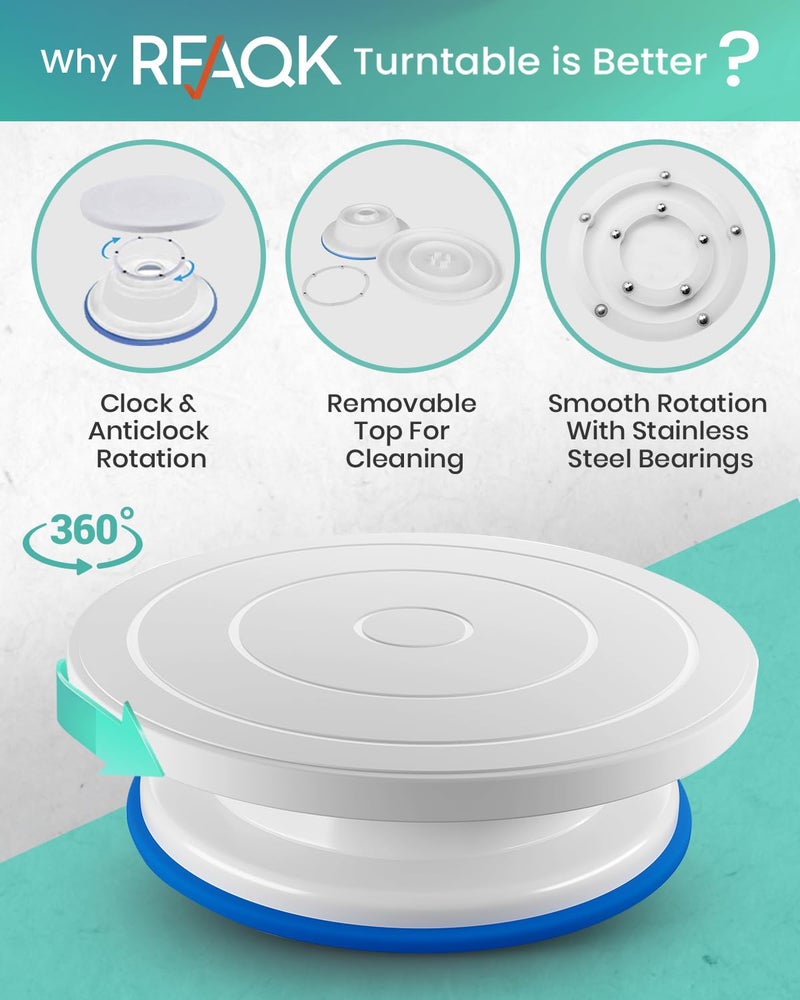 RFAQK 64PCs Cake Decorating Kit with Leveler, Baking Supplies Gift Includes Cake Stand Turntable, 24 Numbered Icing Tips, 30+1 Piping Bags, 2 Frosting Spatulas, 3 Scrappers, Video Course & Booklet - Image 3